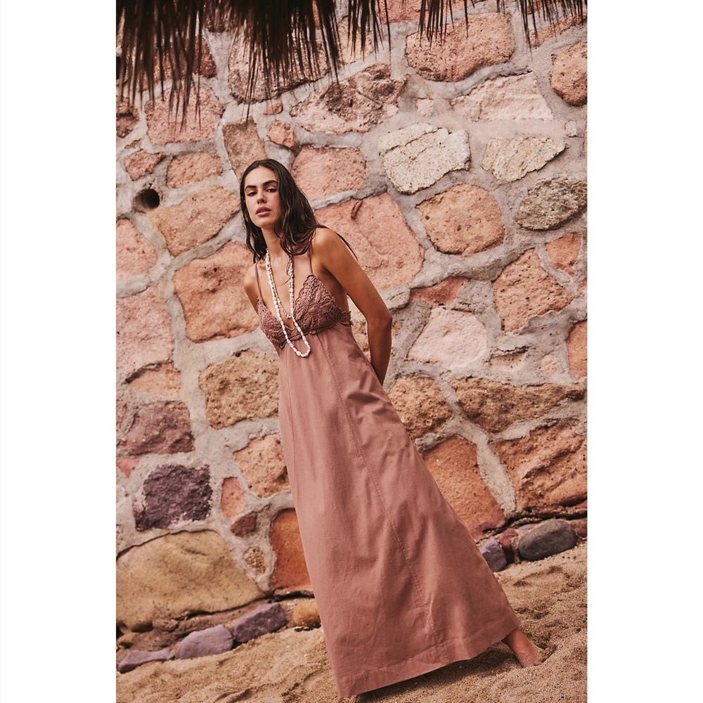 Free People Lovey Maxi Dress Crochet in Brownie (M) NWT